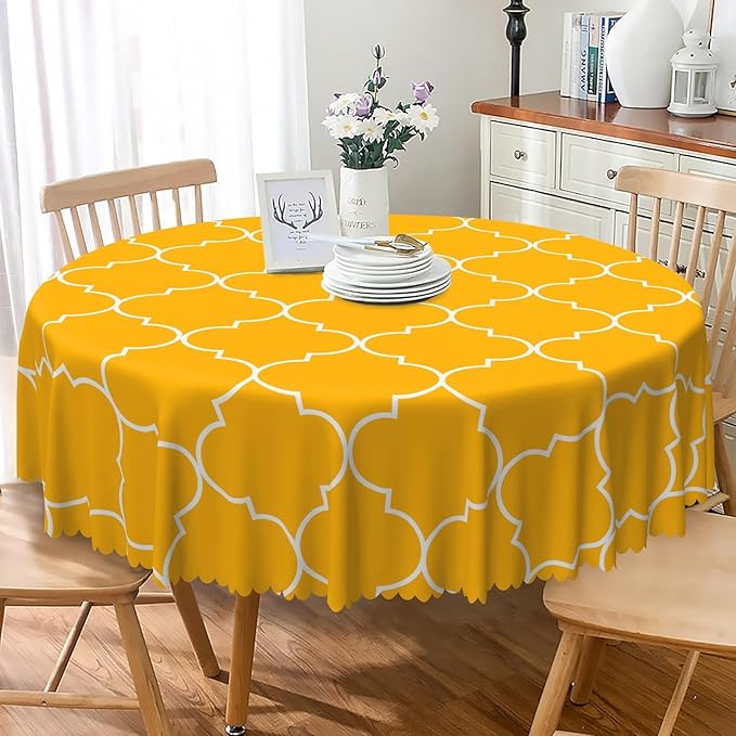 Laeacco 60 Inch Morocco Round Tablecloth Orange Geometric Lattice Modern Abstract Art Print Table Cloth Washable Waterproof Wrinkle Free Table Cover for Kitchen Dining Picnic Party Decoration