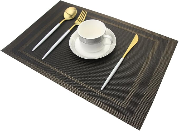 Placemats Vinyl Washable for Dinner Table Stain Insulation Easy to Clean Table Mats Set of 6 (Gold+Black)