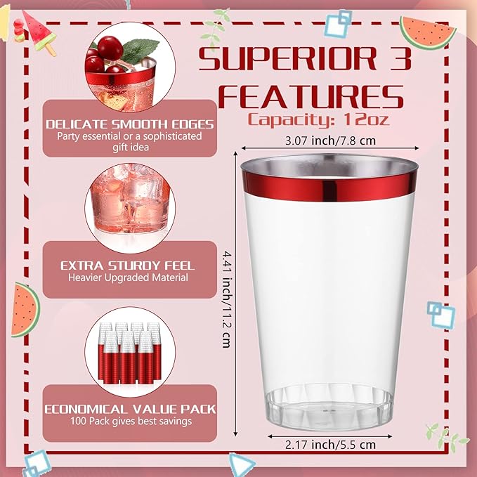 Patelai 100 Pcs Red Plastic Cups 12 oz Red Rimmed Plastic Cups Heavy Duty Disposable Wine Glasses Clear Cocktail Glasses Drinking Tumblers for Party Wedding Christmas Birthday