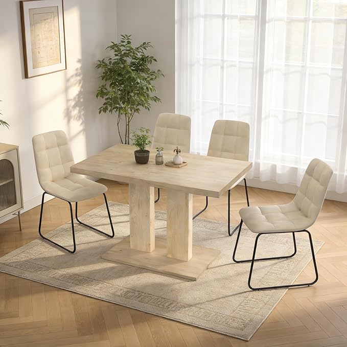 Modern 5-Piece Dining Table Set for 4, 46" Pedestal Dining Room Table with 4 Leather Chairs, Small Space Saving Kitchen Table Set, Natural Wood Finish Rectangle Table for Home & Apartment