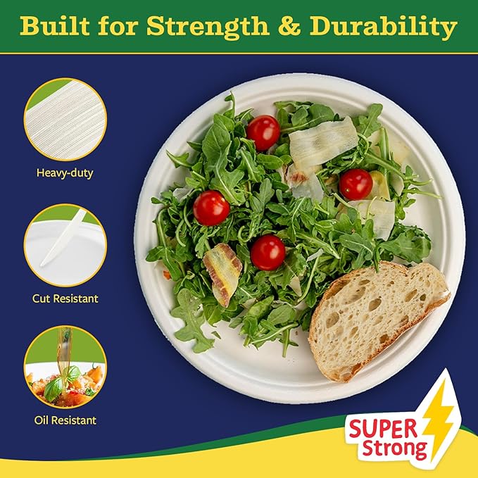 10” Compostable Plates, 125-Pack | Biodegradable Sugarcane | Sturdy, Microwave-Safe Disposable Plates for Parties & Events