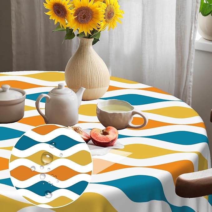 Laeacco 70 Inch Geometric Round Tablecloth Blue and Orange Waved Stripes Modern Abstract Art Print Table Cloth Washable Waterproof Wrinkle Free Table Cover for Kitchen Dining Picnic Party Decoration