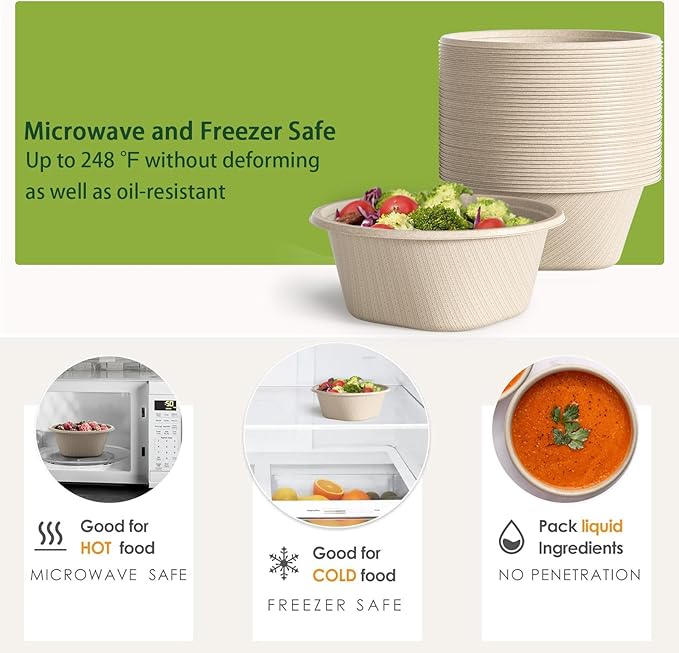 32 Oz Deep Paper Bowls Disposable Bowl - Disposable Heavy Duty Compostable Bowls, Eco-friendly Sugarcane Bagasse Biodegradable Bowl for Soup, Salad, Dessert, Ice Cream [50 Pack without Lds]