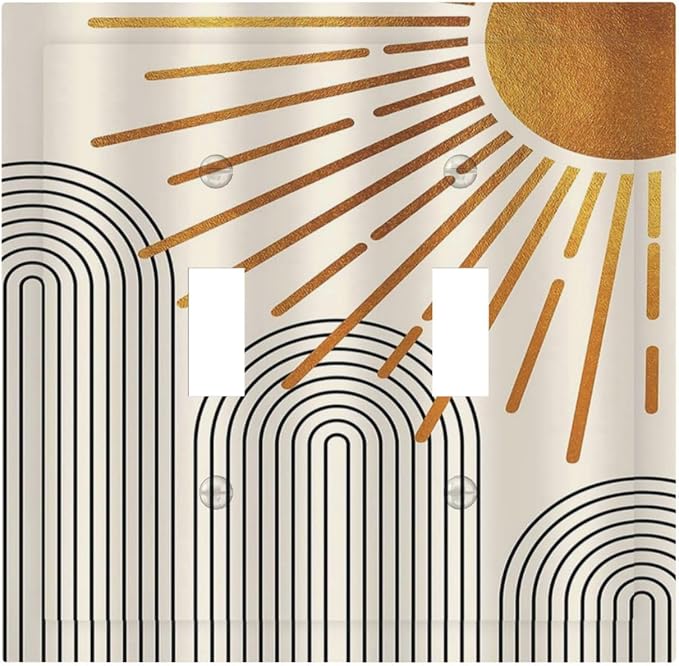 Decorative Light Switch Cover Mid Century Boho Sun Beige Minimalist Abstract 2 Gang Wall Plate Double Toggle Switch Plate Receptacle Electrical Outlet Cover Switchplate for Bathroom Bedroom（2 Pack）