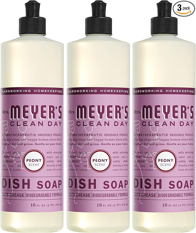 MRS. MEYER'S CLEAN DAY Liquid Dish Soap, Peony, 16 Fl. Oz - Pack of 3