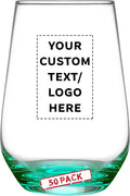 DISCOUNT PROMOS 50 Vaso Silicia Stemless Wine Glasses Set, 16 oz. - Personalized Text, Logo - Clear, Orb-Like, Thick base - Green