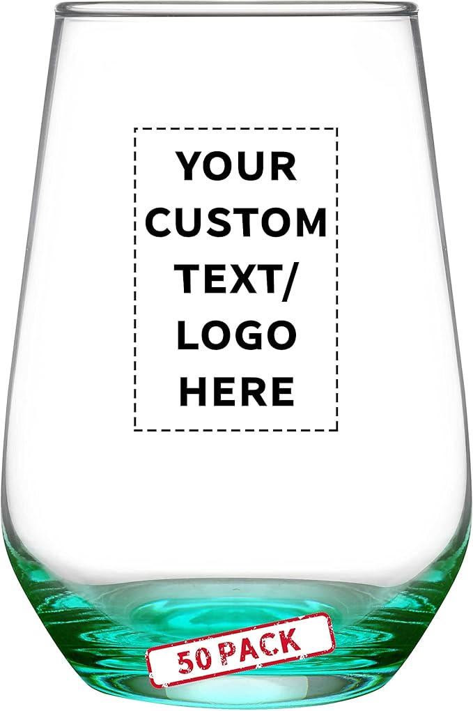 DISCOUNT PROMOS 50 Vaso Silicia Stemless Wine Glasses Set, 16 oz. - Personalized Text, Logo - Clear, Orb-Like, Thick base - Green
