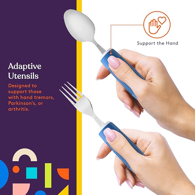 Special Supplies Adaptive Utensils (5-Piece Kitchen Set) Wide, Non-Weighted, Non-Slip Handles for Hand Tremors, Arthritis, Parkinson’s or Elderly Use - Stainless Steel Knives, Fork, Spoons - Blue