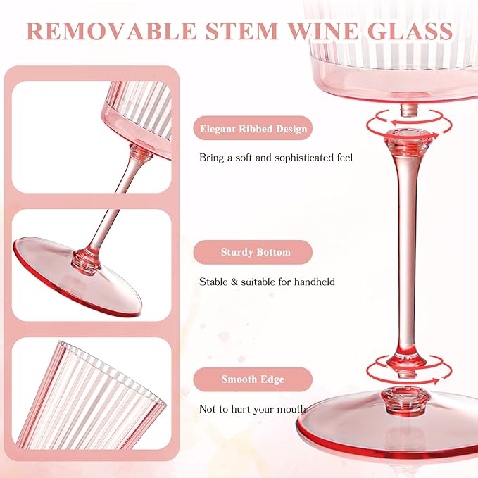 24 PCS Pink Plastic Wine Glasses with Removable Stems 13.5 OZ Ribbed Wine Glass Set Square White Wine Glasses Muted Pastel Colors Goblets Elegant Fluted Glassware for Wedding(Pink, 24 Pack)