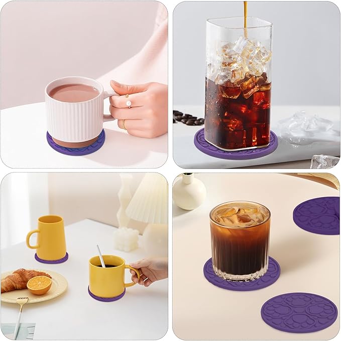 6 Pack Purple Silicone Coffee Coasters with Holder, 4 Inches Non-Slip Decorative Round Coaster for Tabletop, Desk Dishwasher Safe Cup Mat for Bar, Drinks, Beer
