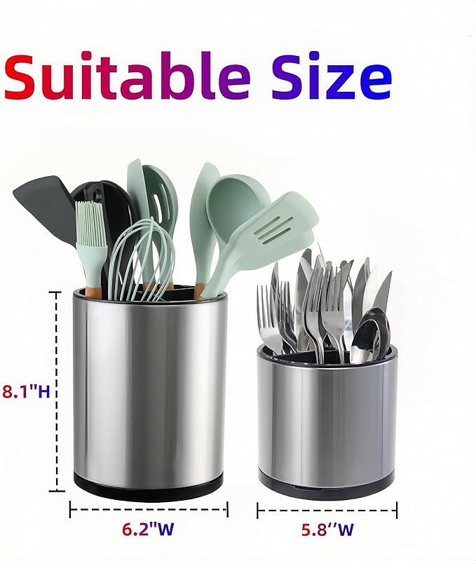 Kitchen Utensil Holder Extra Large Rotating For Counter Organizer Stainless Steel Storage Cooking Silverware Caddy 3 Compartment Flatware Spoon Spatula Tool Cutlery Container（2 Set Silvery）