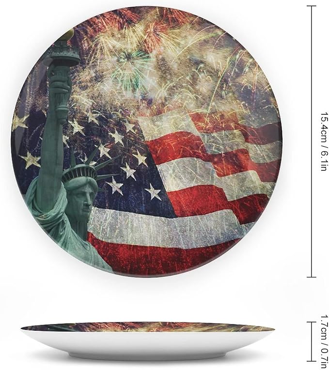 Ceramic Display Plate, American Flag Ceramic Hanging Decorative Plate, Fireworks 4th of July, 10 Inch, Living Room Kitchen Decoration Household, Multicolor