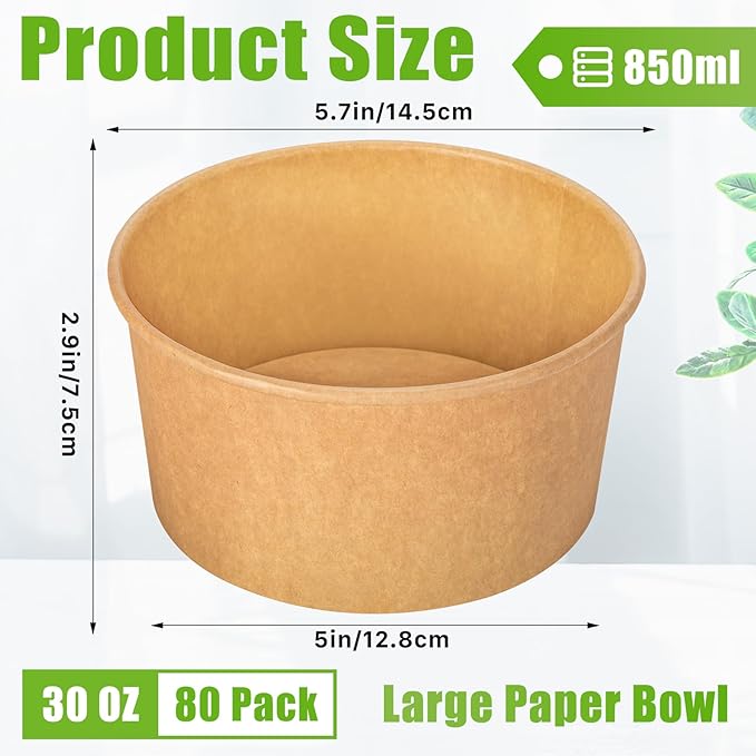 Large Paper Bowls,80Pcs 30 Oz Disposable Soup Bowls Bulk,Kraft Paper Salad Bowl,Round Disposable Paper Bowls,Paper Soup Bowls for Hot/Cold Food Soup Salad