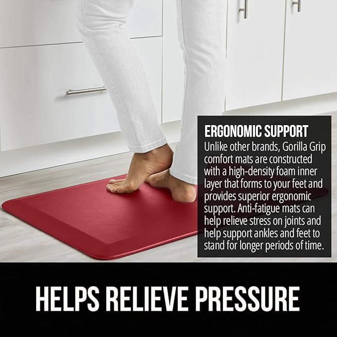 GORILLA GRIP Comfortable Cushioned Kitchen Mats for Floor, 48x20, Waterproof and Stain Resistant Soft Top, 3/4 Inch Thick Ergonomic Standing Desk Anti Fatigue Mat, Foam Supports Ankles and Feet, Red