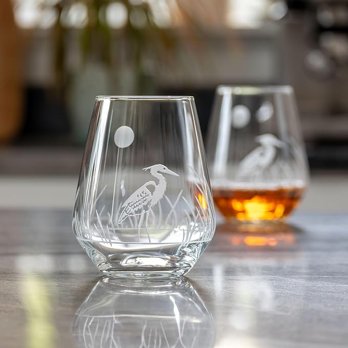 Rolf Glass Heron Stemless Wine Tumbler 18 ounce - Stemless Wine Glasses – Lead-Free Glass - Engraved Tumbler Glasses - Made in the USA (Set of 2)