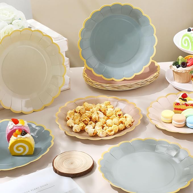 48 Pcs Morandi Color Paper Plates 9 Inch Pastel Scalloped Disposable Colored Boho Dinner Dessert Paper Plates for Birthday Wedding Bridal Party Supplies, 6 Colors