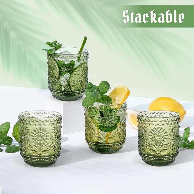 Topsky Vintage Drinking Glass Set of 4,12 oz Embossed Floral Drinkware Set,Green Drinking Glasses Cups Wine Glasses Colored Glassware for Whisky,Beer,Juice,Cocktail,Heavy Duty