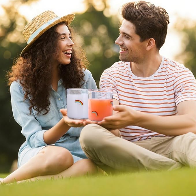 Icon Juice Glasses, 14oz Stemless Wine Drinking Juice Glass Cup for Valentine Party Supplies Gift(2 Pcs,Rainbow)