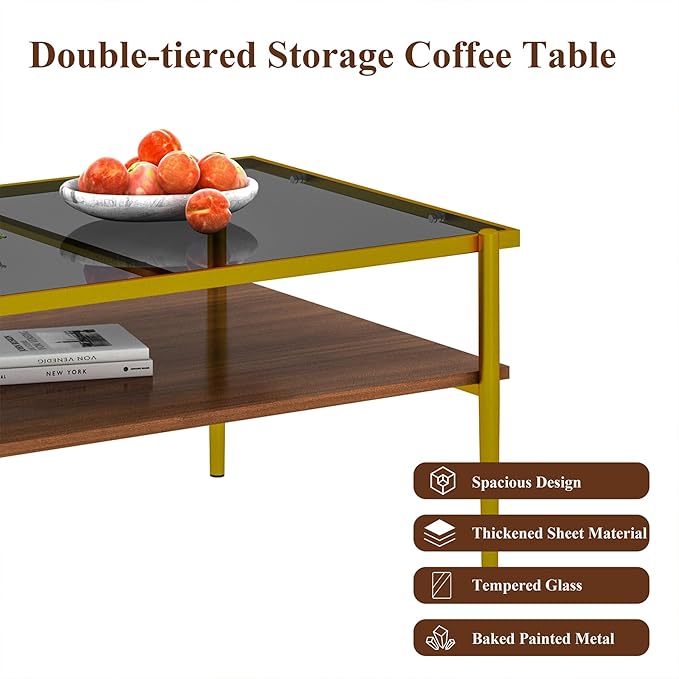 Mid Century Modern 2-Tier Coffee Table with Gray Tempered Glass Top & Wood Storage Shelf – Space-Saving Center Table for Living Room, Apartment & Small Spaces (Golden)