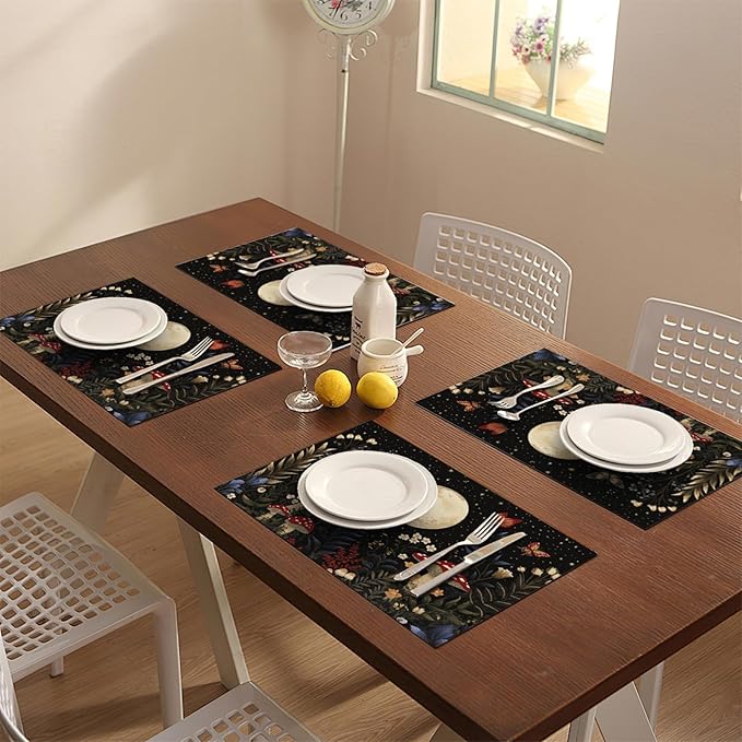 Mushroom Botanical Placemats Set of 6, Mushroom Plants Leaves Butterfly Place Mats, Moon Waterproof Washable Table Mats for Home Party Indoor Kitchen Dining Table Decoration 12x18 Inch