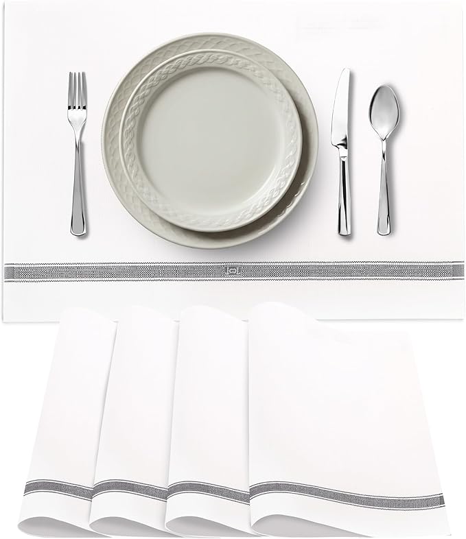 Premium Cloth Striped Placemats Set of 4 – 100% Soft Durable Jacquard Woven Cotton Table Placemats with Stain-Release Fabric – Machine Washable for Dining Table – Grey, 20"x14"