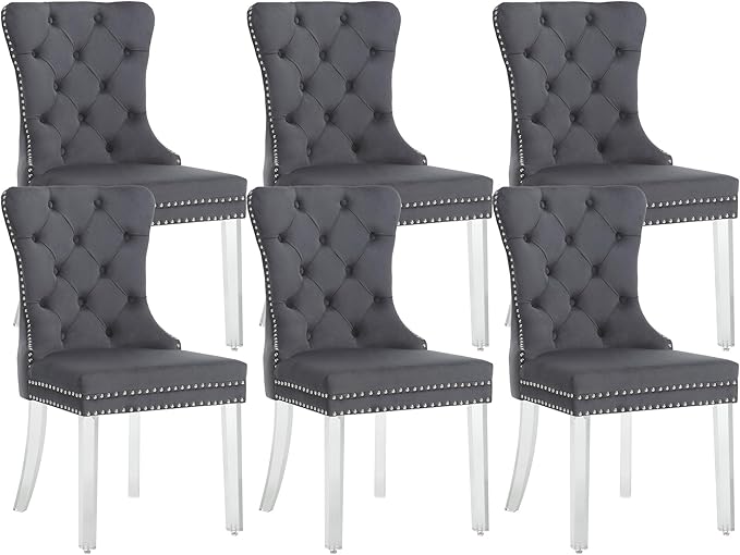KCC Velvet Dining Chairs Set of 6, Upholstered Tufted Wingback Dining Room Chair with Nailhead Back Ring Pull Trim Solid Acrylic Legs, Contemporary Nikki Collection Style for Kitchen, Grey