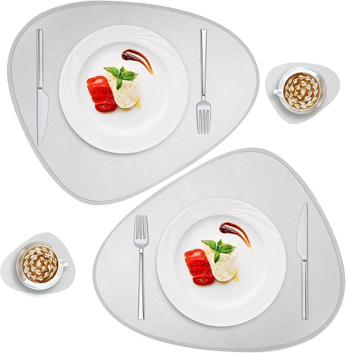 Faux Leather Placemats Set of 2 and Coasters, Heat Resistant Placemats for Round Table, Waterproof Wipeable Washable Dinner Table Mats, Easy to Clean Place Mats Nordic Style, Silver