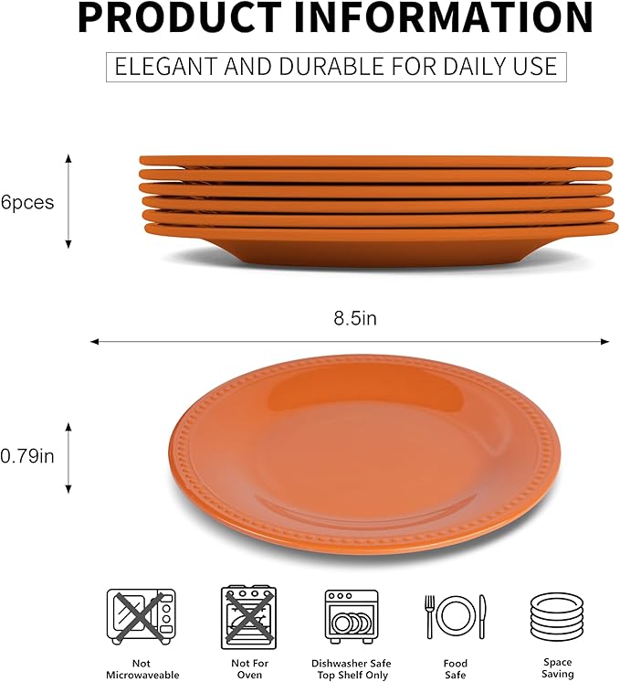 Melamine Beaded Appetizer/Salad/Dessert/Side Plates, Fall, Set of 6, 8.5 inch, Platter, Serving Dishes, Kid-Friendly, Chip and Break-Resistant, Durable, for Indoor and Outdoor, Dishwasher Safe