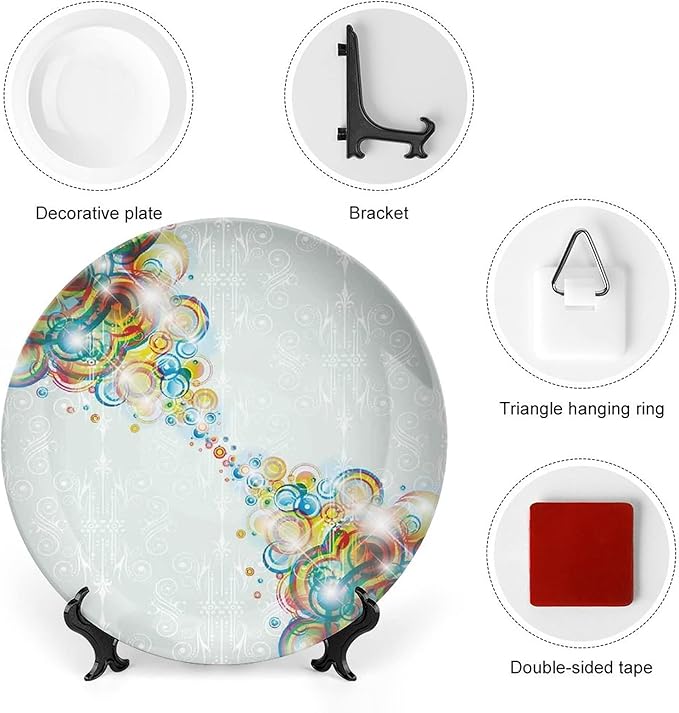 Decorative Plates, Abstract Print Ornament, Modern Design Rainbow Waves Circles Patterned, 10 Inch, 1 Plate with 1 Display Stand, Multicolor
