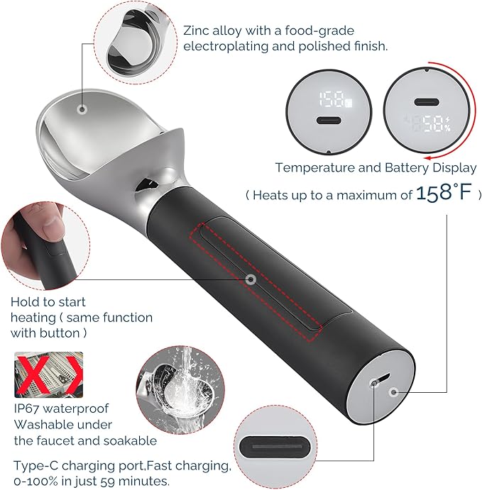 Heated Ice Cream Scoop Rechargeable, Electric Warming Ice Cream Scooper with LED Display, Heats to 158°F for Hard Ice Cream, Easy for Seniors & Kids, IP67 Waterproof (Black, 2 oz)