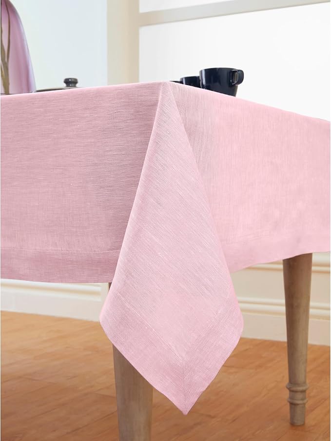 Solino Home Linen Tablecloth 60 x 90 Inch - 100% Pure Linen Bubblegum Pink Table Cloth for Rectangle Tables - Athena, Machine Washable Tablecloth for Valentines, Spring, Easter