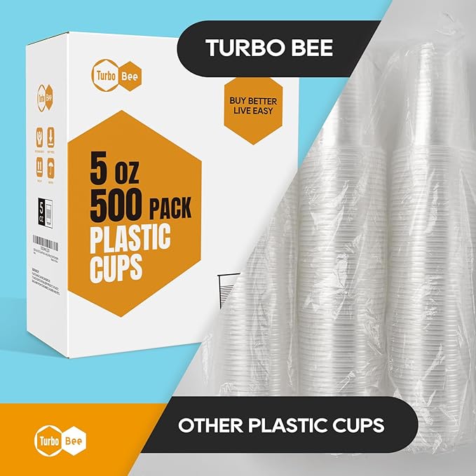 Turbo Bee 5oz Disposable Plastic Cups 500 Pack - Small Drinking & Sample Cups, Bulk Multi-Use Tumblers for Beverages, Mini Desserts, Home, School, Parties, or Commercial Use