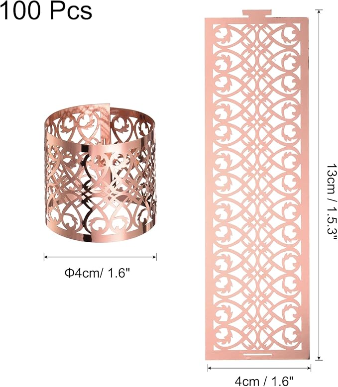 uxcell 100Pcs Napkin Rings Laser Cut Foil Paper, Napkin Holder Hollow Napkin Bands for Weddings Party Serviette Table Decoration Restaurant (Reflective Rose Gold, 5.3 x 1.6)