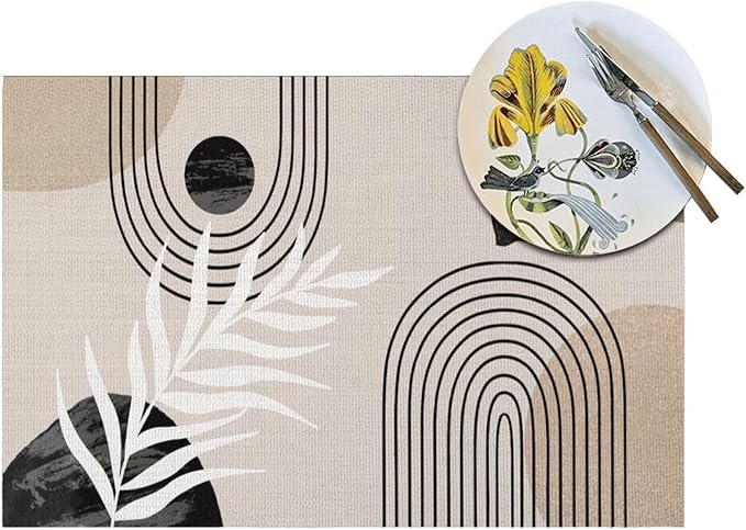 Mid Century Placemats 12x18 Inches Set of 4, Boho Black Beige Tropical Leaf Decorative Rectangle Modern Abstract Black Table Mats for Party Home Kitchen Dining Table Decoration