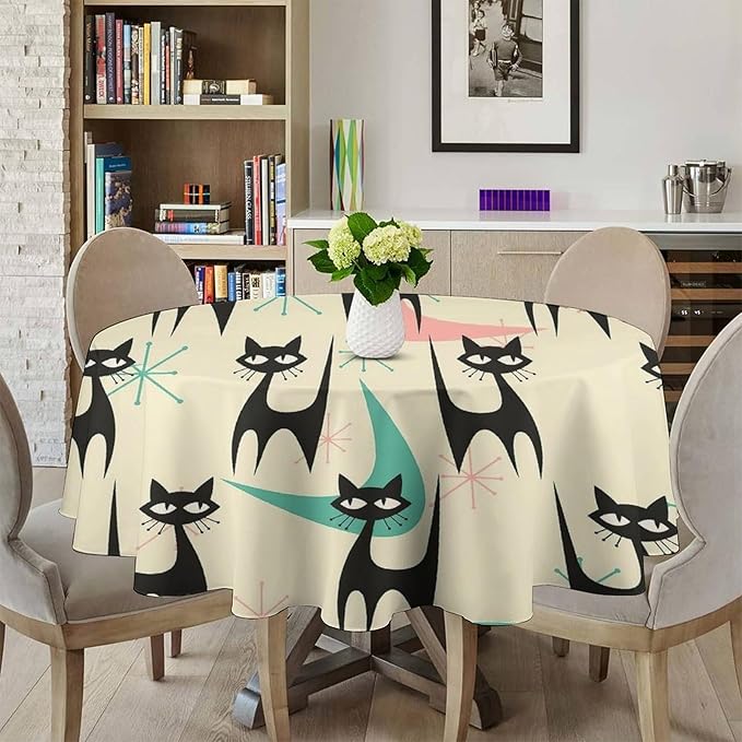 Mid Century Colorful Modern Cat Round Tablecloth, Medieval Bohemian Abstract Animal Tablecloth for Home Party Dining Room Kitchen Decor 60Inch(152cm)