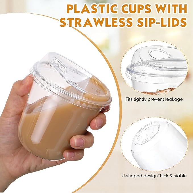 Baderke 50 Pcs Plastic Cups with Sip Lids Round Bottom Disposable Plastic Coffee Cups with Lids Clear Strawless Crystal Mugs for Iced Coffee Smoothie Cold Beverage Party Catering Supplies (10 oz)