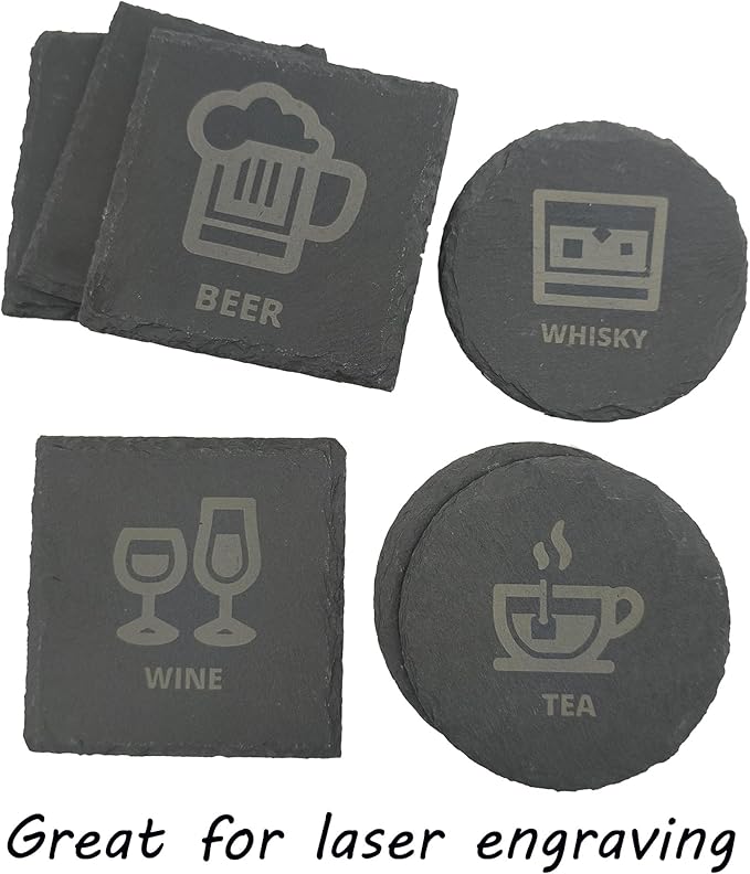 24 Pack 4 inch Slate Coasters,12 Round Pieces + 12 Square Pieces,Handmade Natural Rough Edge,with Integral Anti-Skid pad,Laser Engraving Blanks,Stone Coasters