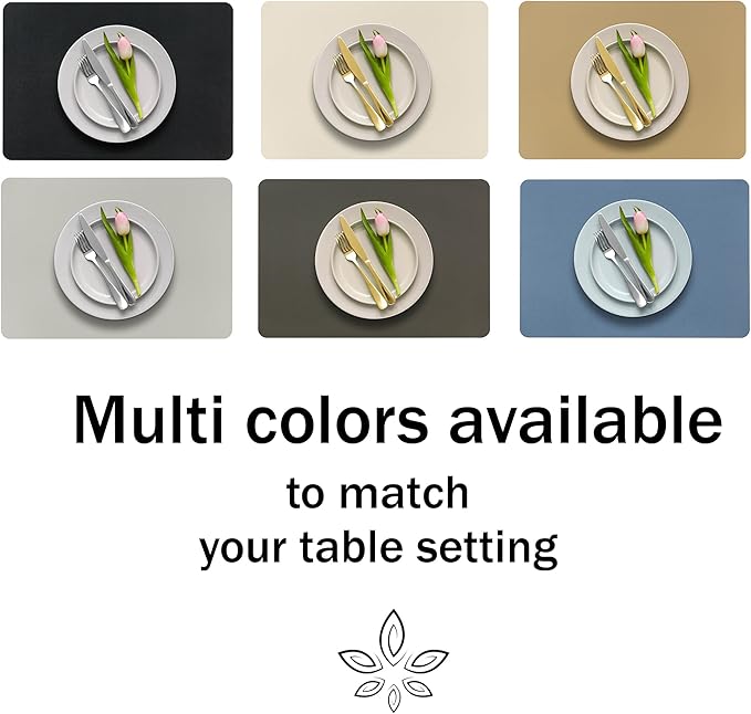 More Décor Faux Leather Placemats Set of 6 for Dining Table – Waterproof, Wipeable, Washable, Stain & Heat Resistant, Non-Slip Table Mats – 12 X 17 Inch, (Solid Silver 6)