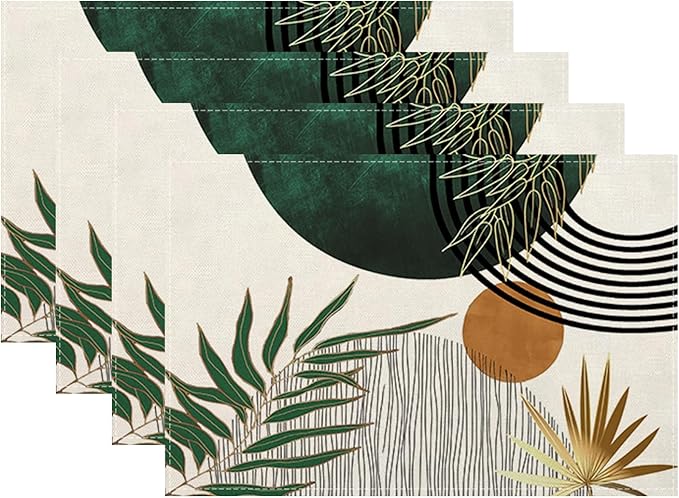 Mid Century Placemats 12x18 Inches Set of 4, Boho Green Gold Tropical Leaf Decorative Rectangle Table Mats for Party Home Kitchen Dining Table Decoration