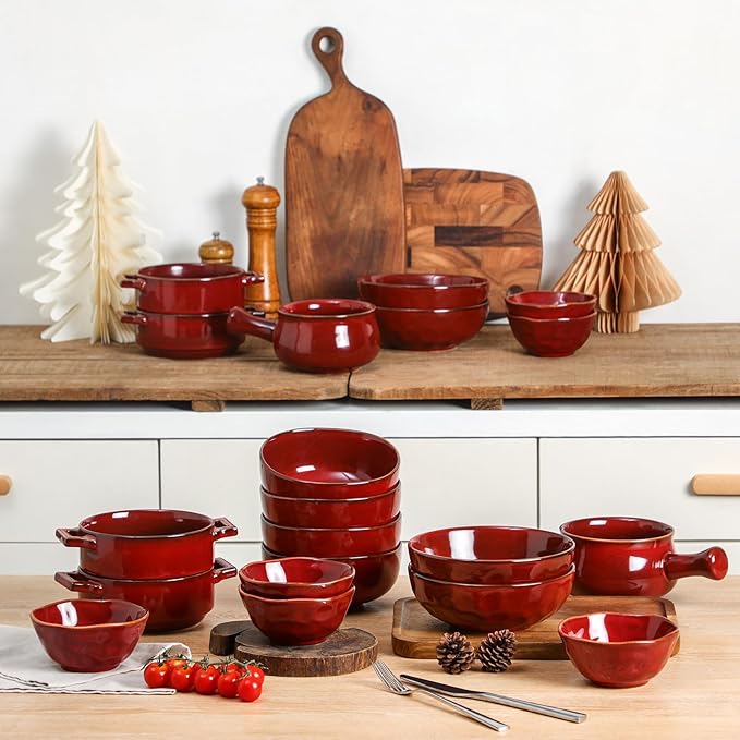 vicrays Ceramic Soup Bowls with Handles, 24 Oz Porcelain Soup Crocks for French Onion Soup, Cereal, Beef Stew, Chill, Pasta, Pot Pies, Microwave and Oven Safe, Set of 4 (Cherry Red)