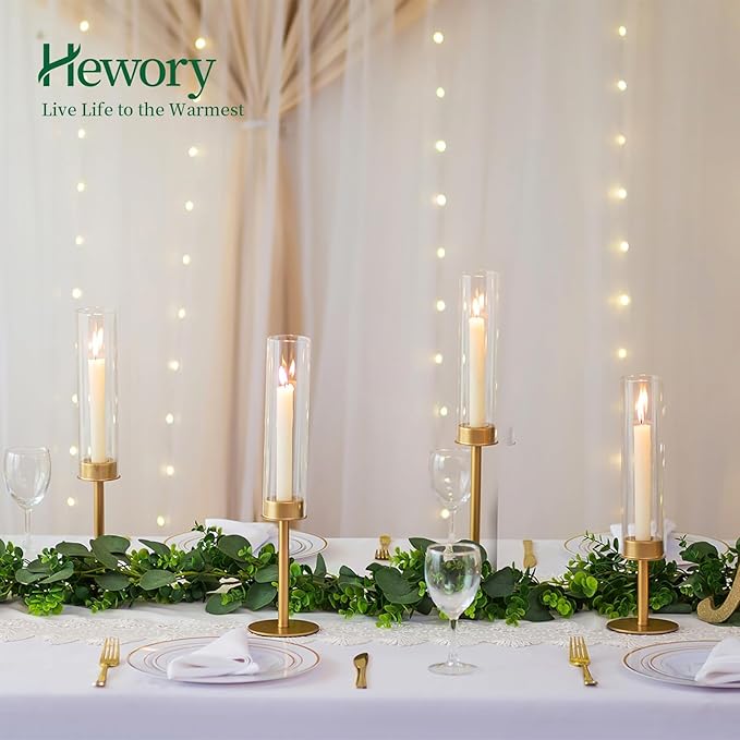 Hewory Gold Candle Holders, 12Pcs Brass Hurricane Candlestick Holders with Glass Candle Cover for Wedding Table Centerpiece Christmas Decor