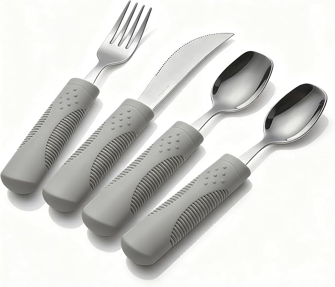 4-Piece Weighted Adaptive Utensils Set with Rocker Knife & Shovel Spoon - 3 oz Weighted Silverware for Hand Tremors, Parkinsons Utensils, Easy Grip Handles for Arthritis and Elderly (Grey)