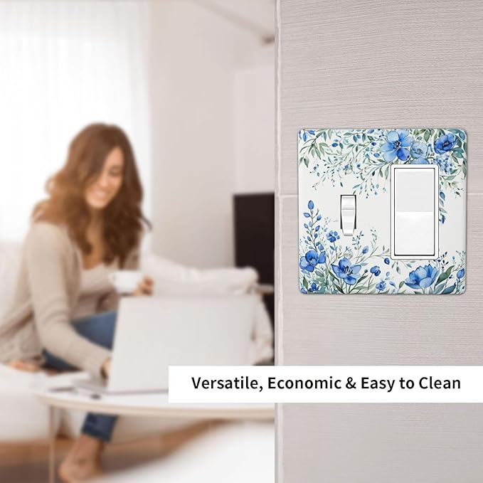 Light Switch Cover Blue Watercolor Flowers Retro Floral Leaves 2 Gang Toggle Rocker Combo Socket Cover Wall Plates Decorative Switch Plates and Outlet Covers for Bathroom Bedroom Decor