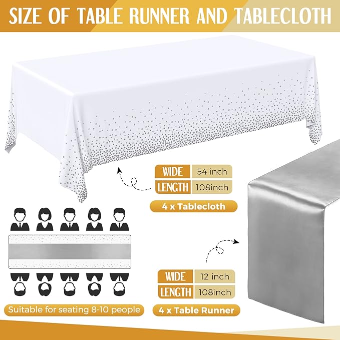 Breling 8 Pack White and Silver Disposable Plastic Tablecloths and Satin Table Runner Set, 54 x 108 Inch Tablecloth, 12 x 108 Inch Table Runners for Wedding Graduation Birthday Baby Shower New Year