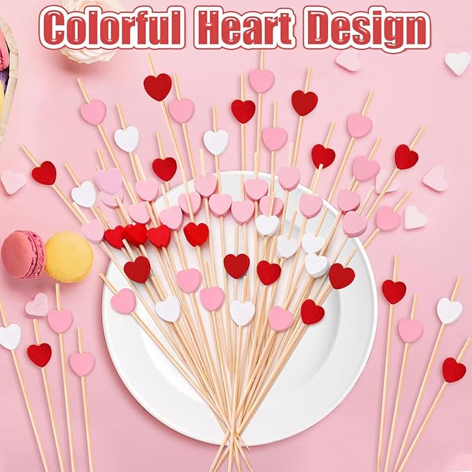 240 PCS Red Love Heart Shaped Cocktail Picks, 4.7Inch Bamboo Fancy Toothpicks for Appetizers, Cocktail Skewers Sticks Selected for Weddings, Valentines Day, Desserts, Charcuterie, Food, Drinks