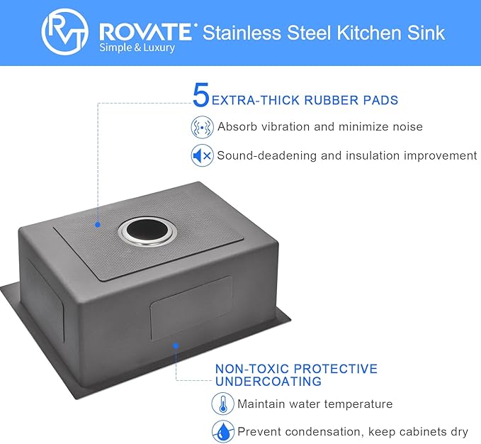 ROVATE 24 × 18 Inch Drop-in Topmount Kitchen Sink Single Bowl, 304 Stainless Steel Handmade Overmount Kitchen Sink with Basket Strainer, 24 x 18 x 9 inch