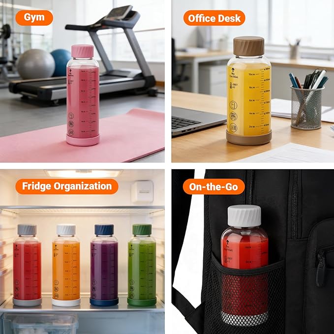 12 oz Glass Juice Bottles – 4 Pack Glass Water Bottles with Stainless Steel Lids – Leakproof, BPA Free, Heat-Resistant Borosilicate Glass for Juicing, Smoothies, Milk, Protein, Beverage Storage