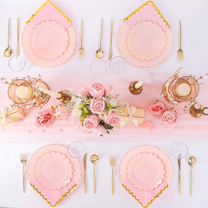 LIYH 210 Pcs Pink and Gold Scalloped Plastic Plates - Disposable Dinnerware Set, Include Gold Plastic Silverware, Pink Plates and Napkins Party Supplies for Birthday Wedding