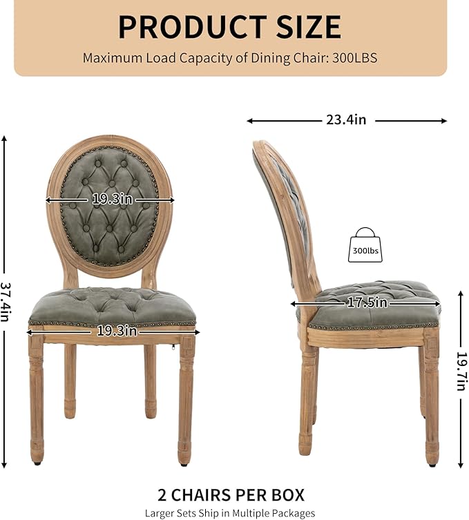 Vintage French Dining Chairs Set of 4, Round Back PU Leather Upholstered Side Chairs with Nailhead Trim and Solid Wood Frame, Sillas de Comedor for Dining Room & Kitchen, Olive Green
