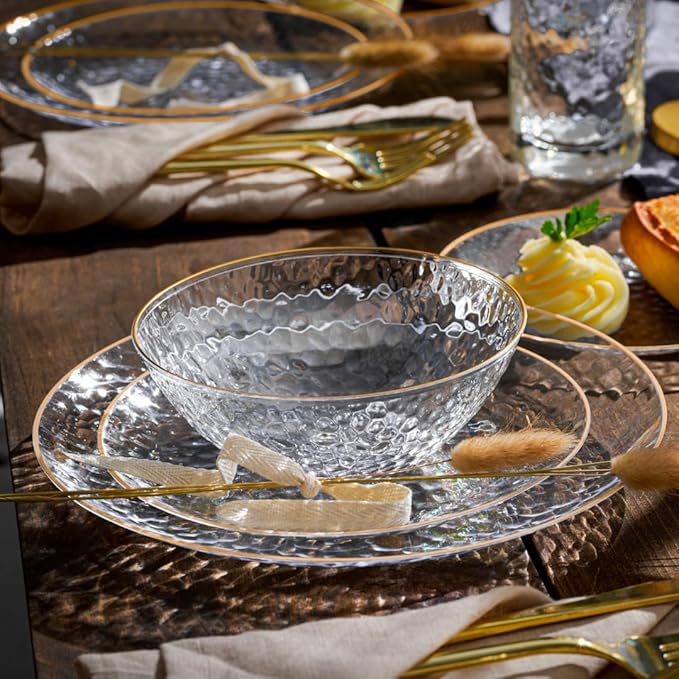 R-kay 100 Pack Hammered Gold Plastic Bowls Disposable Heavy Duty - 12 Oz Clear Plastic Bowls For Parties - Premium Clear Disposable Bowls for Hot Soup, Salads.